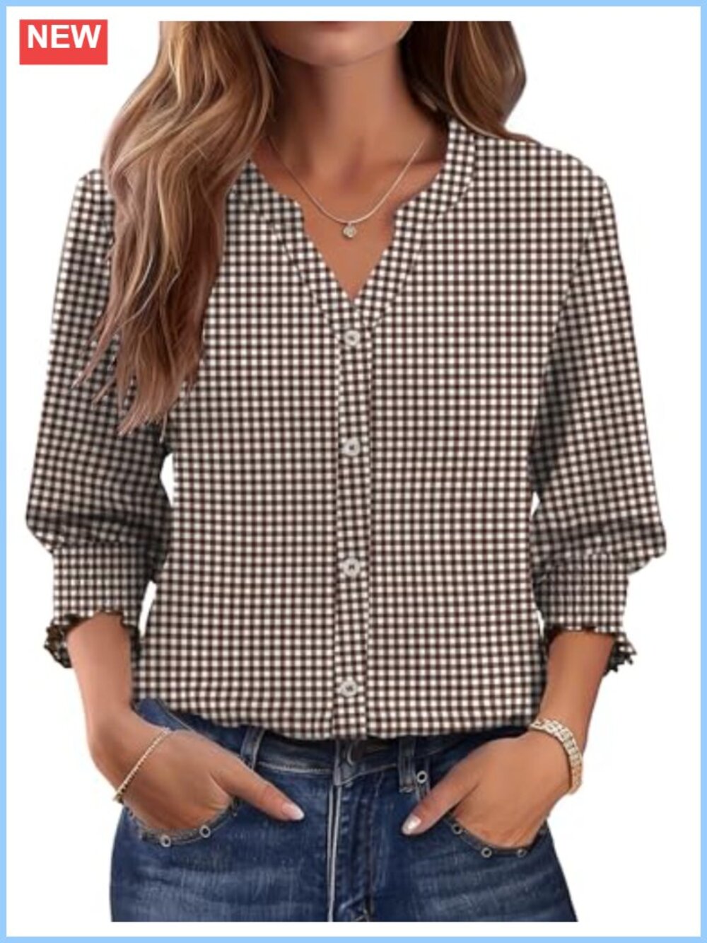 Womens 3/4 Sleeve V-Neck Blouse Button Down Shirt Business Casual Top
